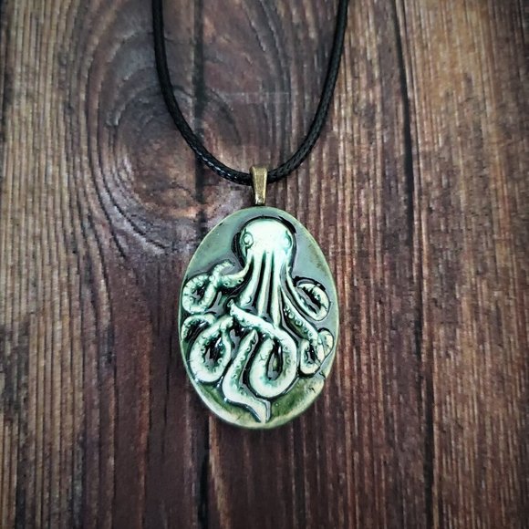 Handmade Ceramic Bottle Green Octopus Kraken Pendant Necklace - Picture 10 of 11